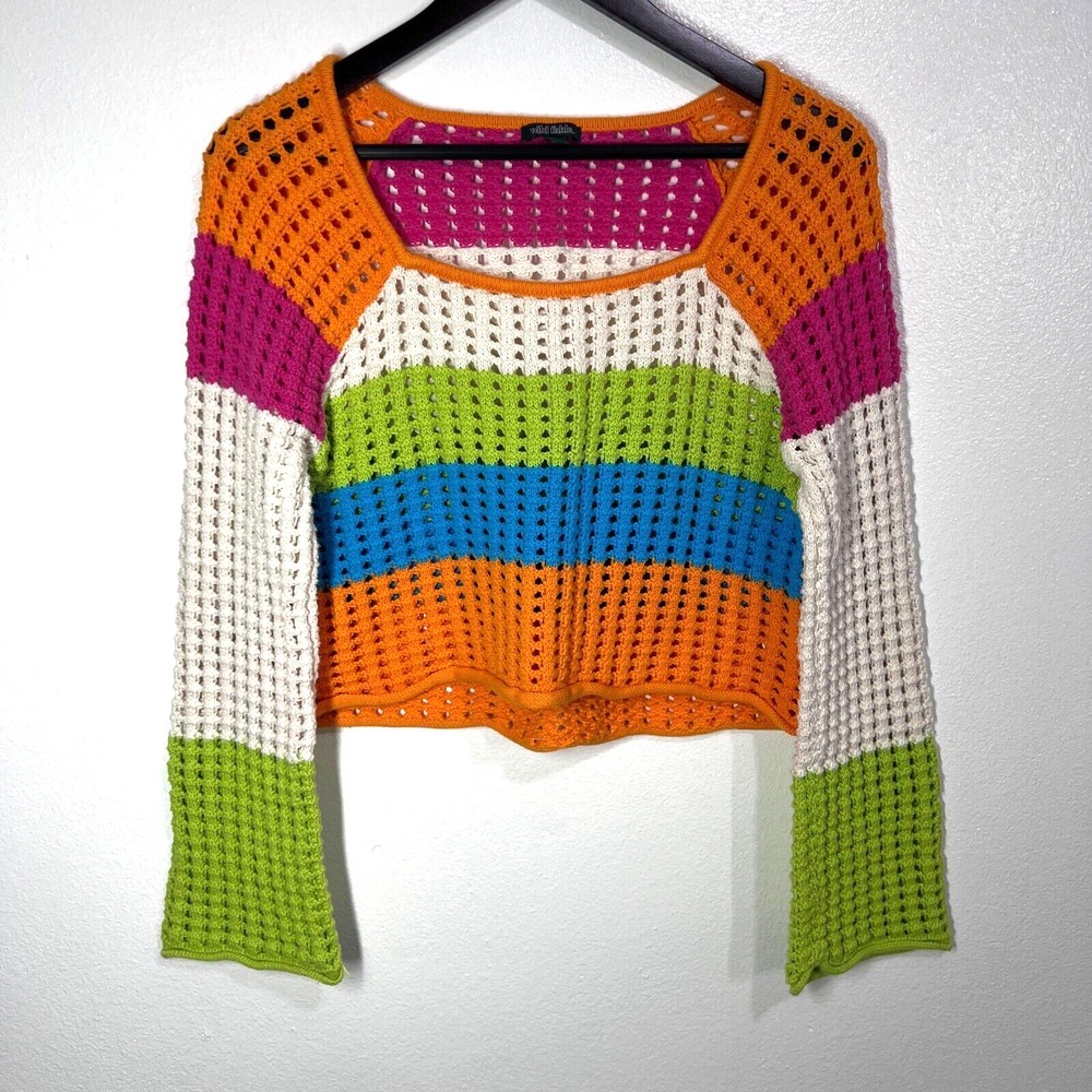 Wild Fable Crochet Sweater Medium Multi Color Square Neck Lightweight Casualwear